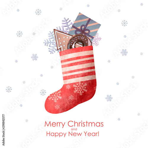 Christmas and New Year illustration red christmas sock with cute gifts, sweets and snowflakes. Perfect design for New Year and Christmas card, banner, invitation.