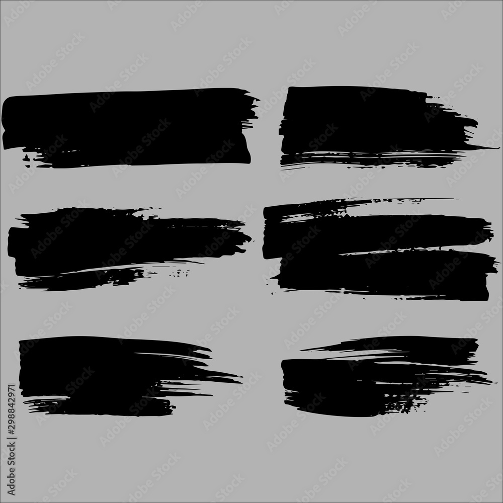 Black brush strokes set backgrounds. Artistic lines grunge collection. Set of black grungy hand painted brush strokes isolated on white. Abstract ink texture, design elements.