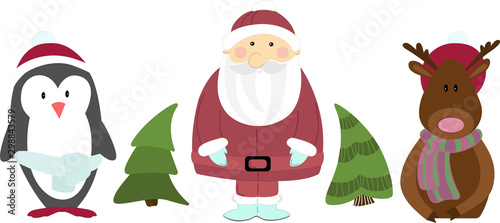 Christmas set with chrismas animals. Happy New Year 2019. Penguin. Santa Claus. Christmas deer.