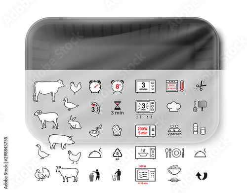 Black tray mockup container with pack information.  Vector illustration isolated on white background. Template ready for your design. EPS10.	