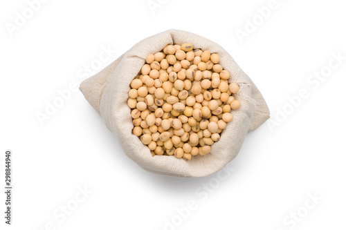 Top view of Soybeans in a sack bag isolated on white background with clipping path.