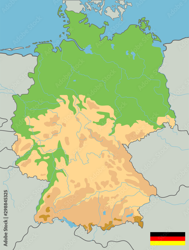 Obraz premium Large detailed topographic map of Germany with contours, lakes, mountains. Physical vector map with national flag. Vector illustration