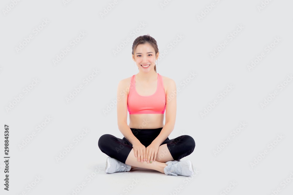 Beautiful portrait young asian woman sitting yoga, asia girl health care with workout fitness relaxing with active exercise isolated on white background, healthy and wellbeing concept. Beautiful portrait young asian woman sitting yoga, asia girl health care with workout fitness relaxing with active exercise isolated on white background, healthy and wellbeing concept.