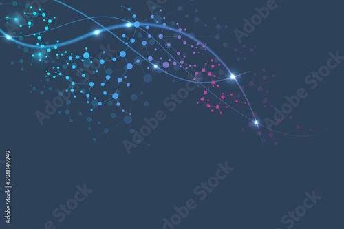Structure molecule and communication. Dna, atom, neurons. Scientific concept for your design. Connected lines with dots. Medical, technology, chemistry, science background. Vector illustration.