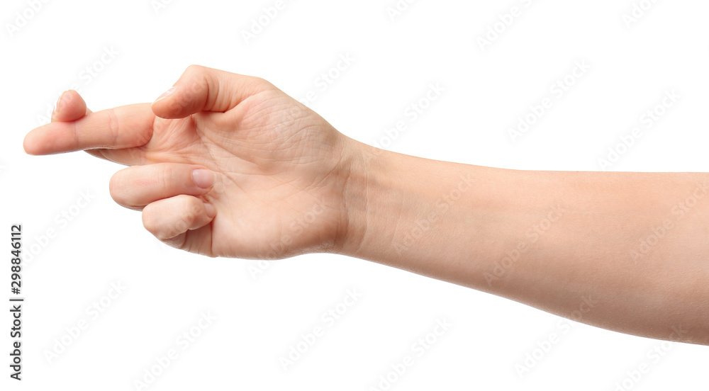 Hand of woman with crossed fingers on white background Hand of woman with crossed fingers on white background