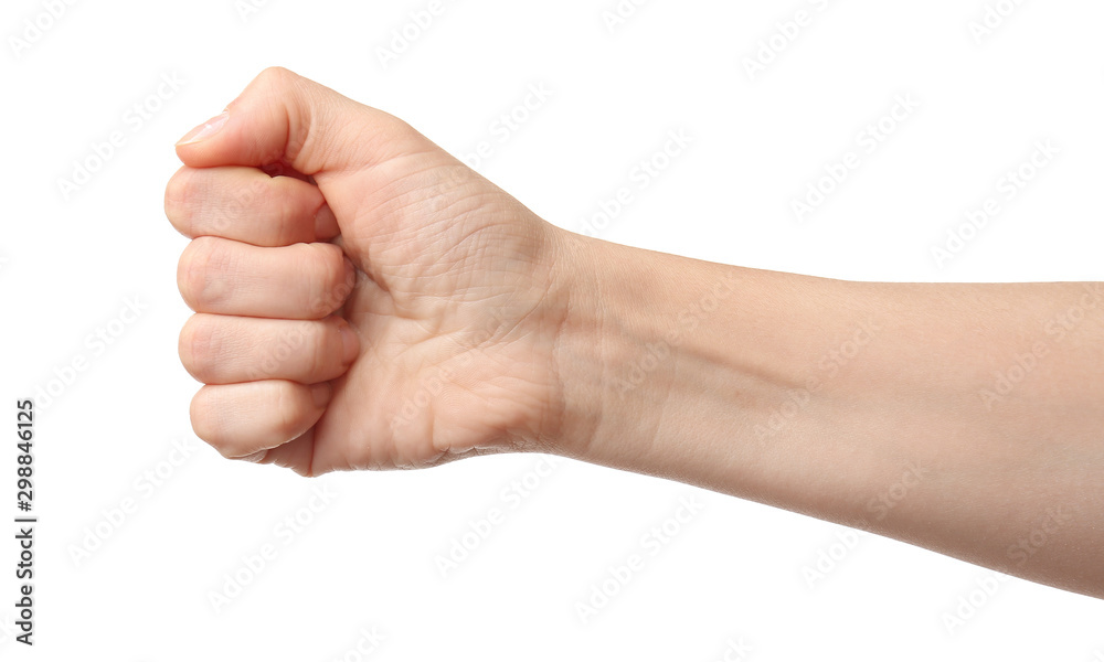 Hand of woman with clenched fist on white background Hand of woman with clenched fist on white background