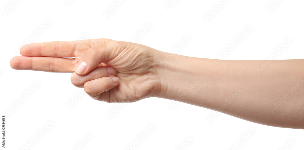 Hand of woman pointing at something on white background Hand of woman pointing at something on white background