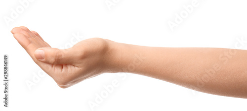 Hand of woman holding something on white background © Pixel-Shot