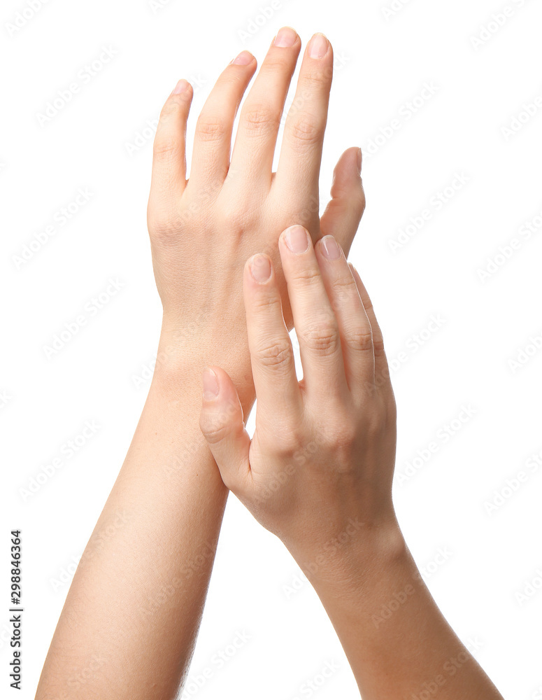 Hands of woman on white background Hands of woman on white background