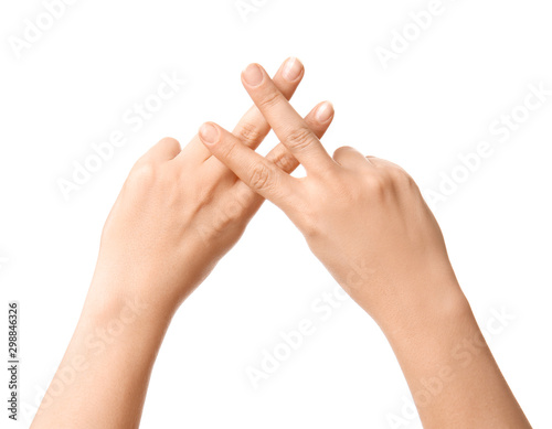 Hands of woman on white background