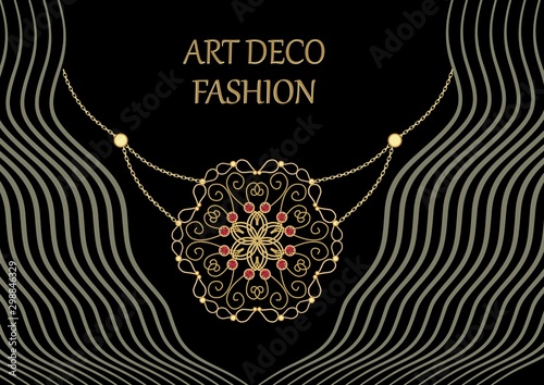 Art deco jewel. Vintage gold necklace. Jewelry in victorian style. Retro filigree gold pendant. Antiquarian jewelry. Filigree gold necklace. Ancient vector jewel. Pendant with ruby.