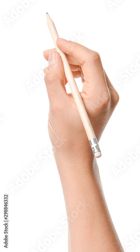 Hand of woman with pencil on white background