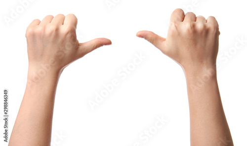 Hands of woman on white background