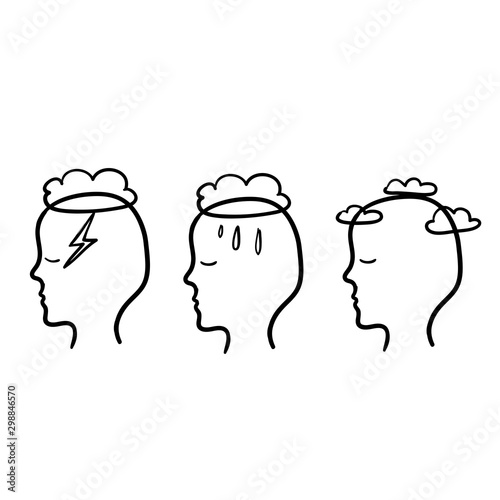 Head profile with storm cloud rain and clear sky. Mindfulness and stress management in psychology with handdrawn doodle style
