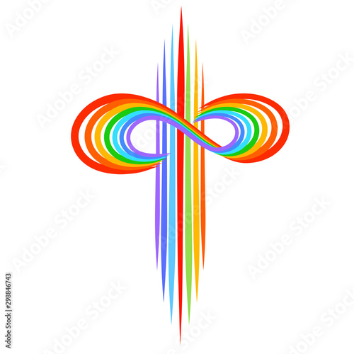 Schilderij op canvas Rainbow cross with infinity symbol, colorful pattern on a white background