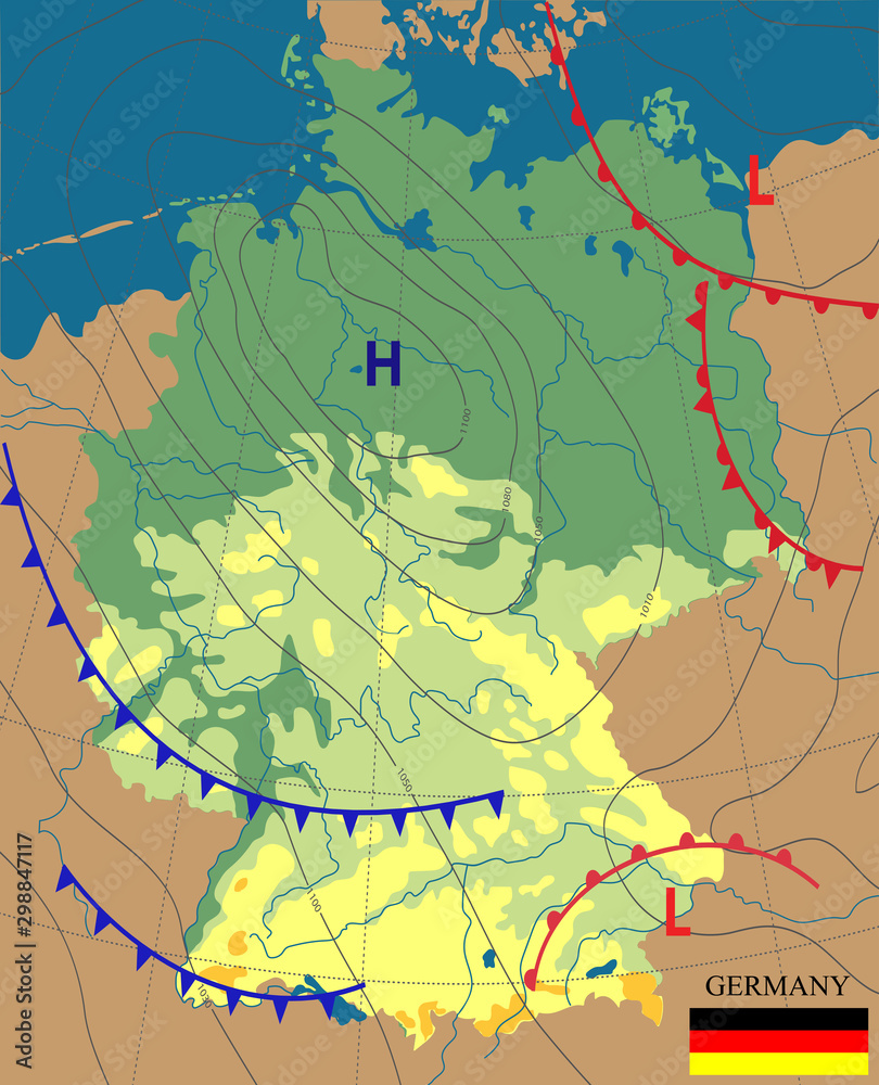 Fototapeta premium Weather map of the Germany. Topography map of the Germany. Meteorological forecast. Editable vector illustration of a generic weather map showing isobars and weather fronts. Vector illustration