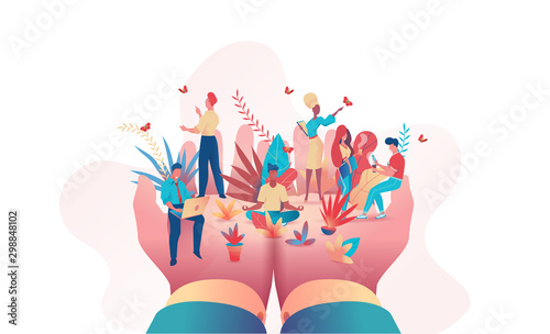 Big hands of the boss hold of small people