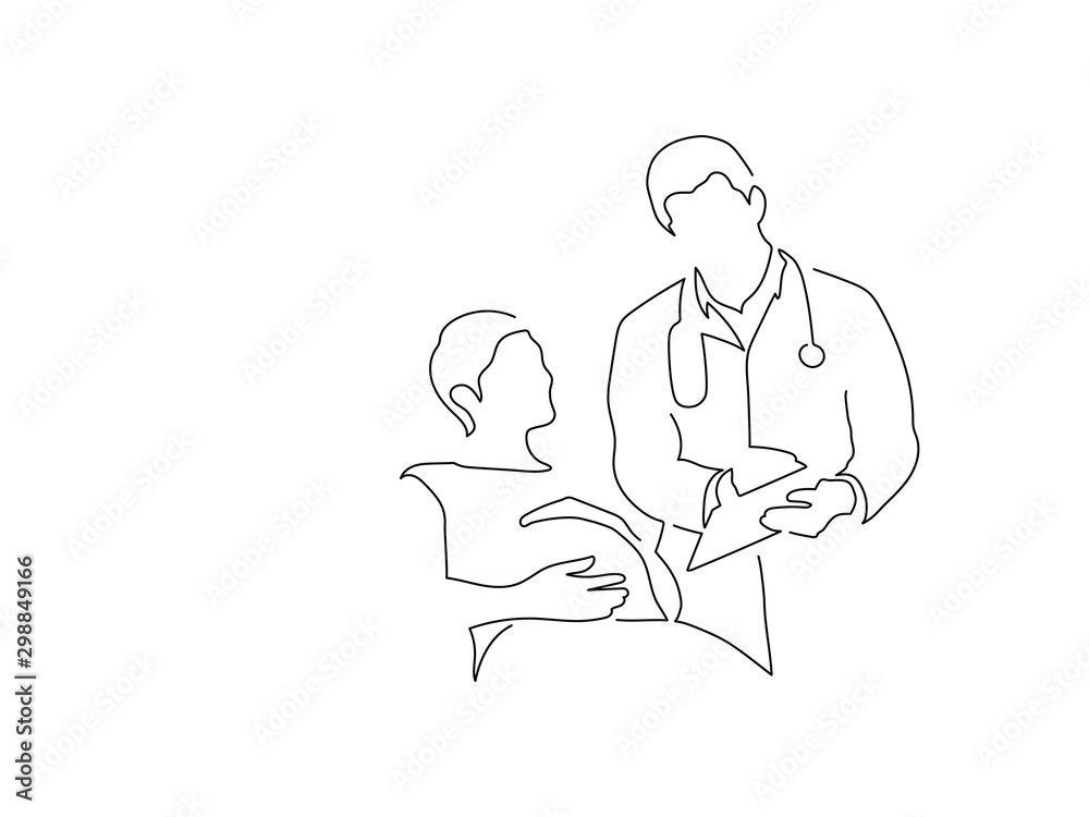 Pregnant woman with the doctor isolated line drawing, vector illustration design. Maternity collection. Pregnant woman with the doctor isolated line drawing, vector illustration design. Maternity collection.