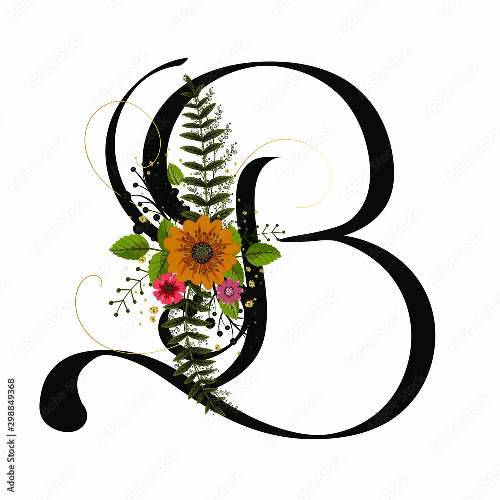 Floral Alphabet - Letter B with flowers and leaves hand drawn. Flowers