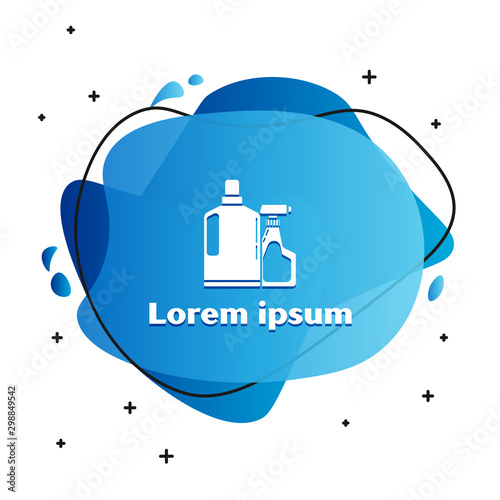 White Plastic bottles for liquid laundry detergent, bleach, dishwashing liquid or another cleaning agent icon isolated on white background. Abstract banner with liquid shapes. Vector Illustration