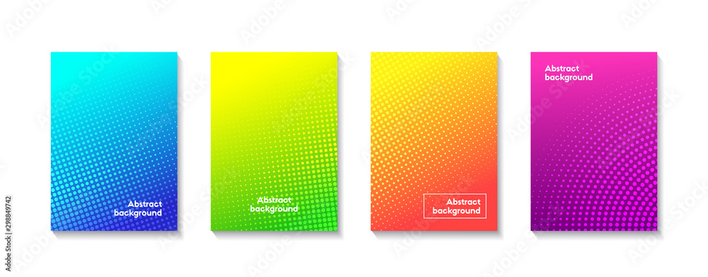 Colorful halftone vector backgrounds. Set of abstract dotted gradient backdrops. Cover, poster minimal templates