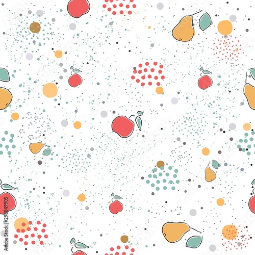 Cute Seamless Pattern with pears and dotted background. hand Drawn Delicate Design. Scandinavian Style. For cards, templates, gift paper, prints, decorations, templates, etc.