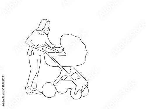 Mother with a baby carriage isolated line drawing, vector illustration design. Maternity collection.