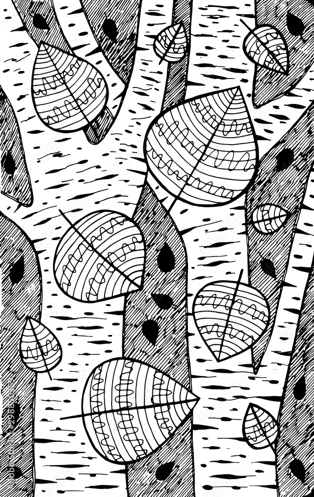 Fototapeta Aspen - tree illustration. Black and white ink leaves drawing. Coloring book for adults. Line art. Vector artwork