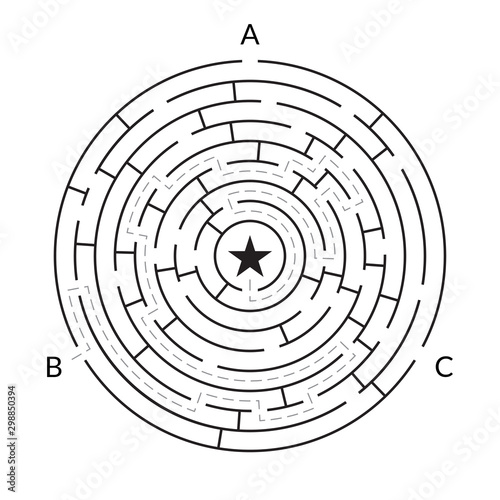 Labyrinth maze game. Circle puzzle. Find exit or right way challenge. Vector illustration.