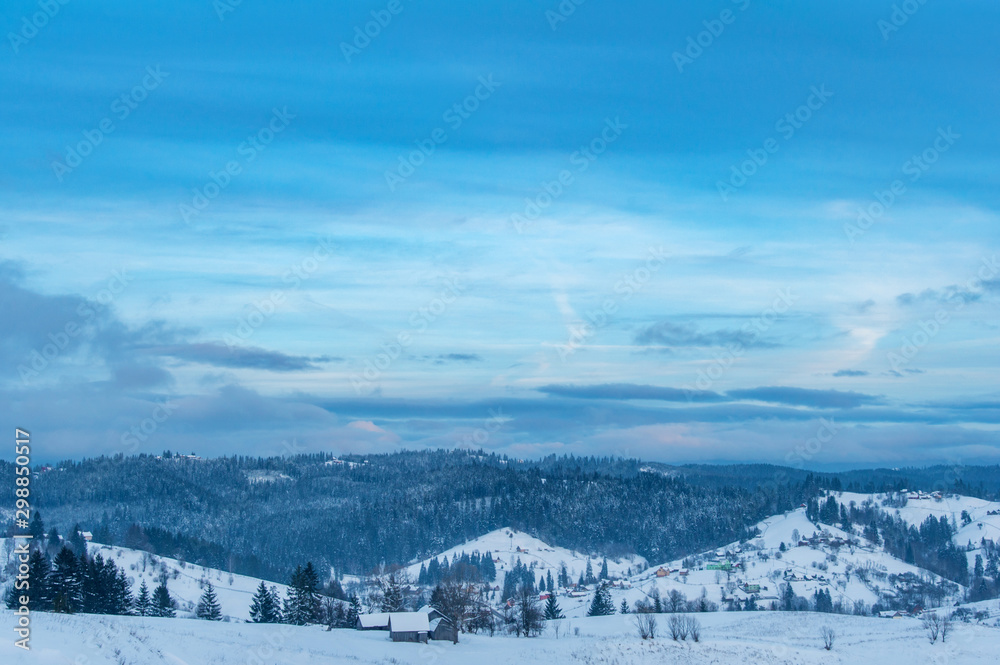 amazing winter mountain view. fir trees covered with snow. beautiful winter landscape