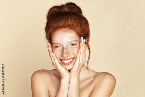 Принти на полотні Freckles young girl close up portrait