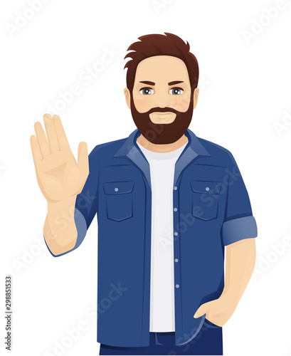 Serious determined bearded man showes stop gesture with his hand isolated vector illustration