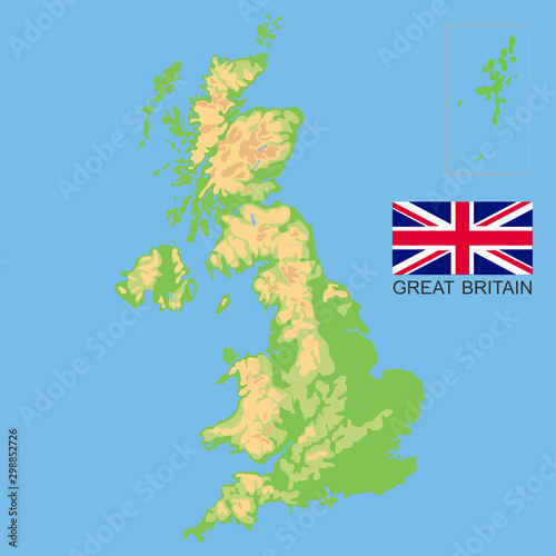 United Kingdom. Detailed physical map of the Great Britain colored according to elevation, with rivers, lakes, mountains. Vector map with national flag.