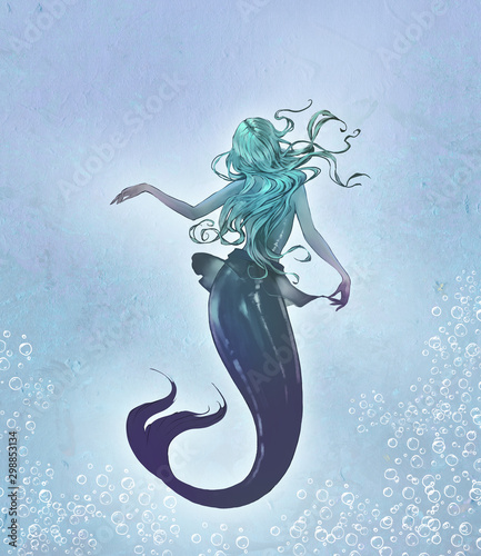 Fantasy original raster illustration of a cute and beautiful anime mermaid with long blue curly  hair with her back to the viewer