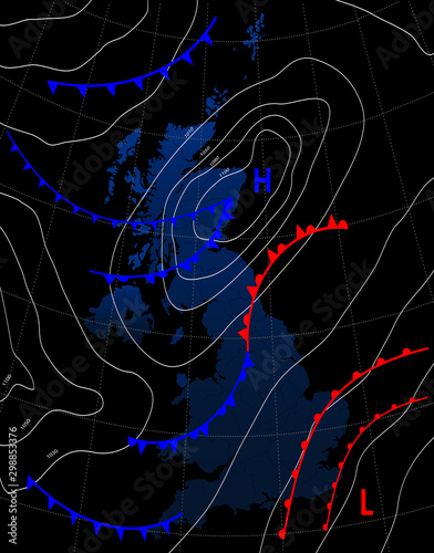 United Kingdom. Weather map of the Great Britain. Meteorological forecast on a dark background. Editable vector illustration of a generic weather map showing isobars and weather fronts. EPS 10