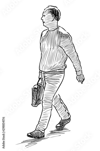 Sketch of casual urban pedestrian with bag walking down street