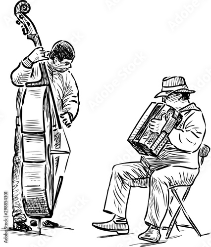 Sketch of musucians duet playing on accordion and double bass