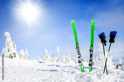 Skis in snow with gloves copy space. Green skis standing in heavy snowy winter and forest frozen trees or mountains in background. Winters holiday skiing concept.