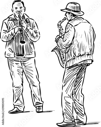 Sketch of musicians duet playing on oboy and saxophone