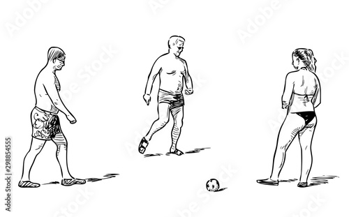 Sketch of vacationers people playing with a ball on beach on hot summer day