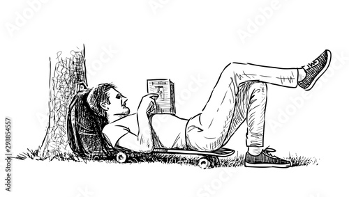 Sketch of young city dweller lying on skateboard in urban park and reading book