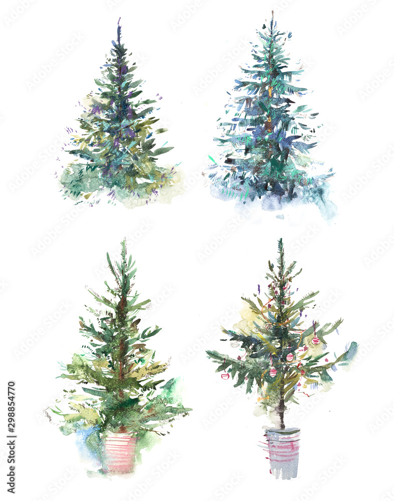 Decorated christmas tree New year Watercolor illustration Water color drawing