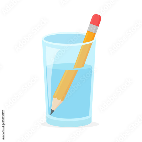 Refraction. Wooden pencil in a glass of water Refraction caused the pencil in the glass is large.