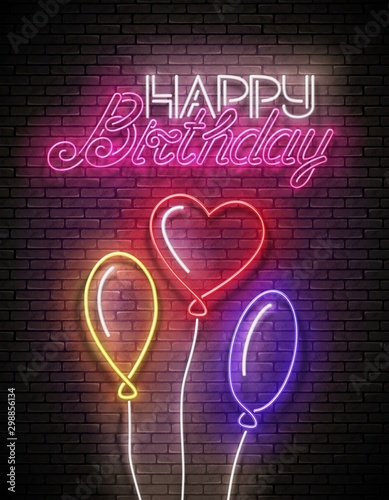 Glow Greeting Card with Different Form Balloons and Happy Birthday Inscription.