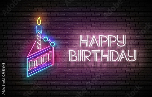 Glow Greeting Card with Piece of Cake, Candle and Happy Birthday Inscription