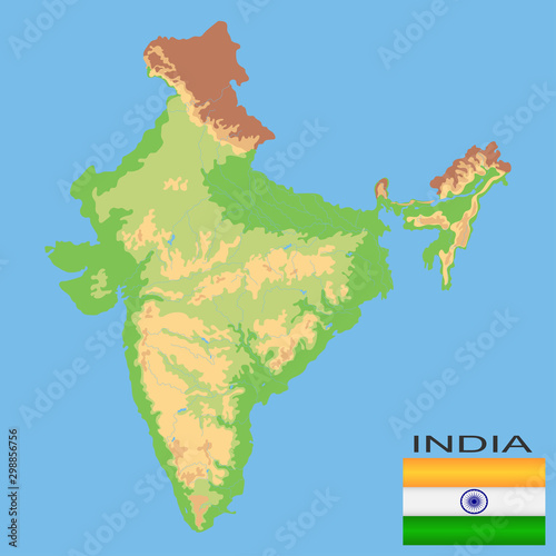 India. Detailed physical map of India colored according to elevation, with rivers, lakes, mountains. Vector map with national flag. Vector illustration photo
