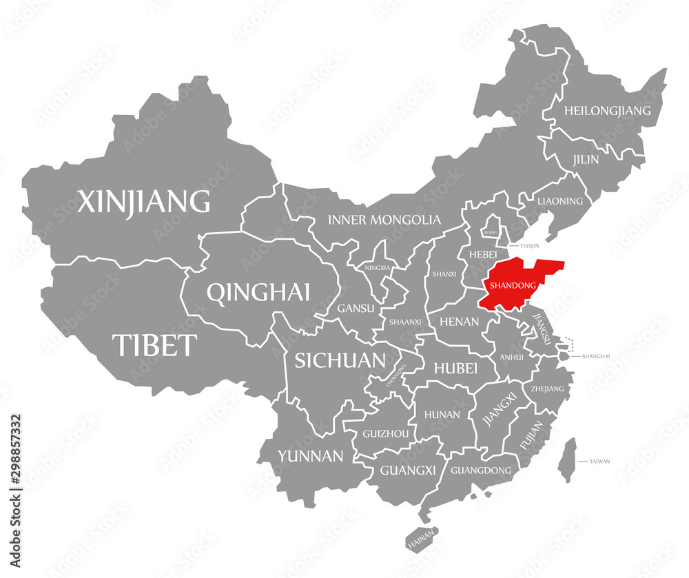 Shandong red highlighted in map of China