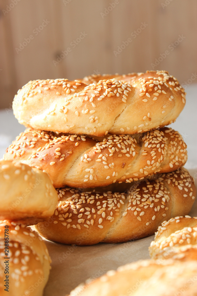 Lush yeast bagels with sesame seeds Lush yeast bagels with sesame seeds