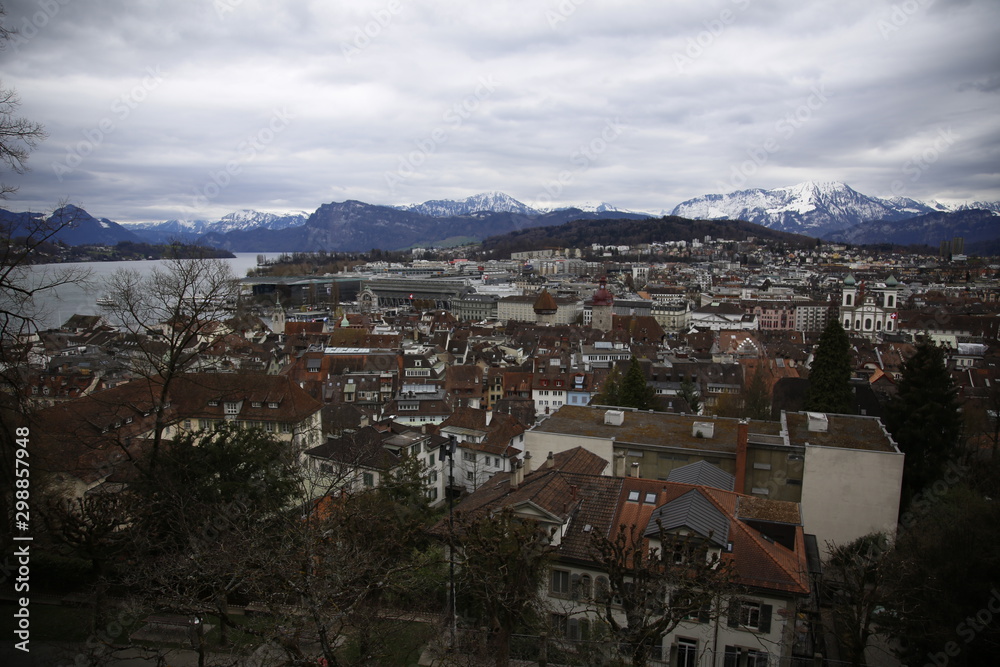 View from a high plane in winter of Lucerne. Switzerland
