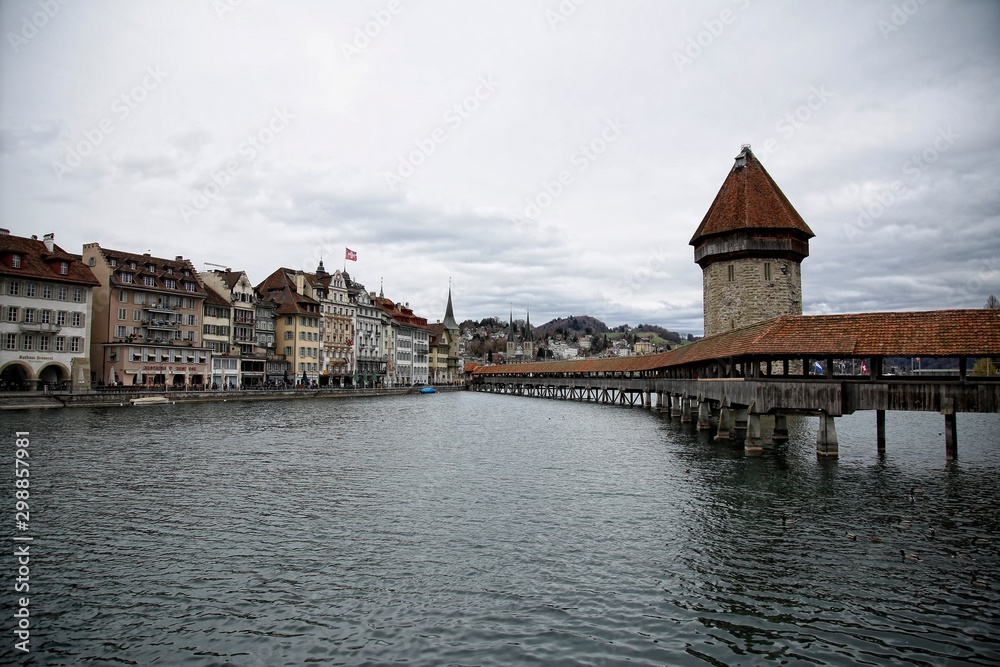 The beautiful wooden bridge of Lucerne. Switzerland